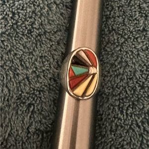 Vintage Native American (Zuni) Multi-Stone Inlaid Heavy Sterling Silver Ring